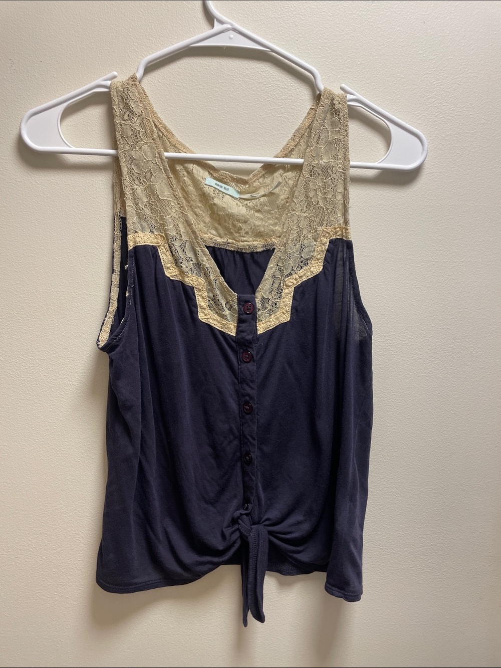 Kimchi Blue Navy Tank with Cream Lace Trim and Front Tie